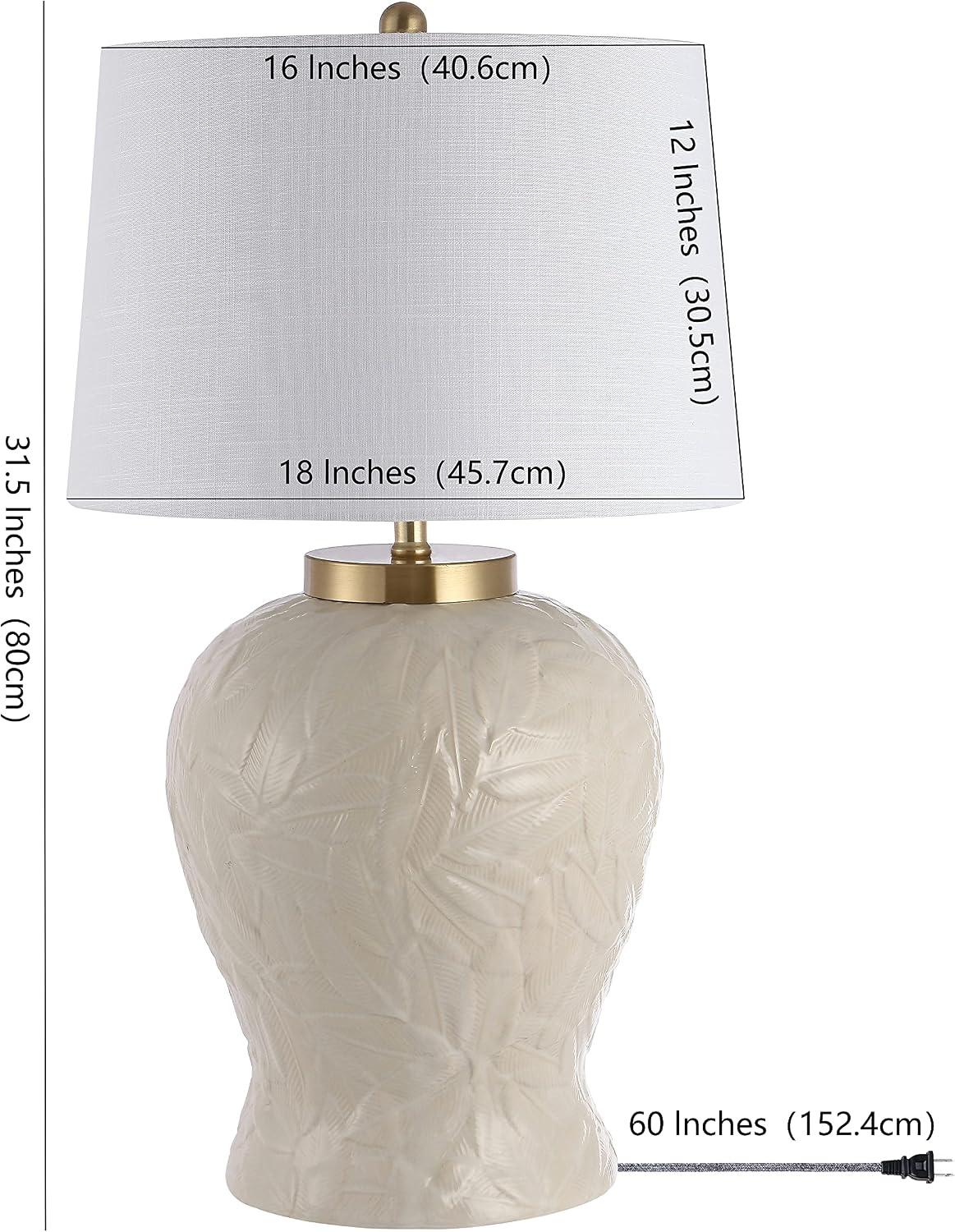JONATHAN Y 31.5' Cream Ceramic Palm Leaf Table Lamp, Bohemian Cottage Tropical Pattern Lamp for Bedroom Living Room, White Linen Empire Shade, LED Bulb Included JYL6617A