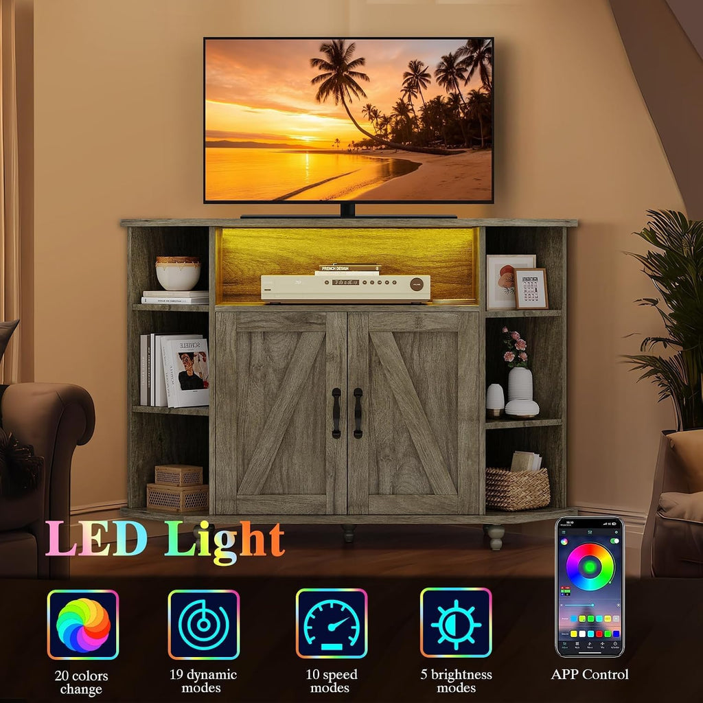 4 EVER WINNER Corner TV Stand for 50 Inch TV, 45' Farmhouse Corner Entertainment Center with Led Light, Open Storage, Adjustable Shelves, TV Cabinets for Living Room, Bedroom, Grey