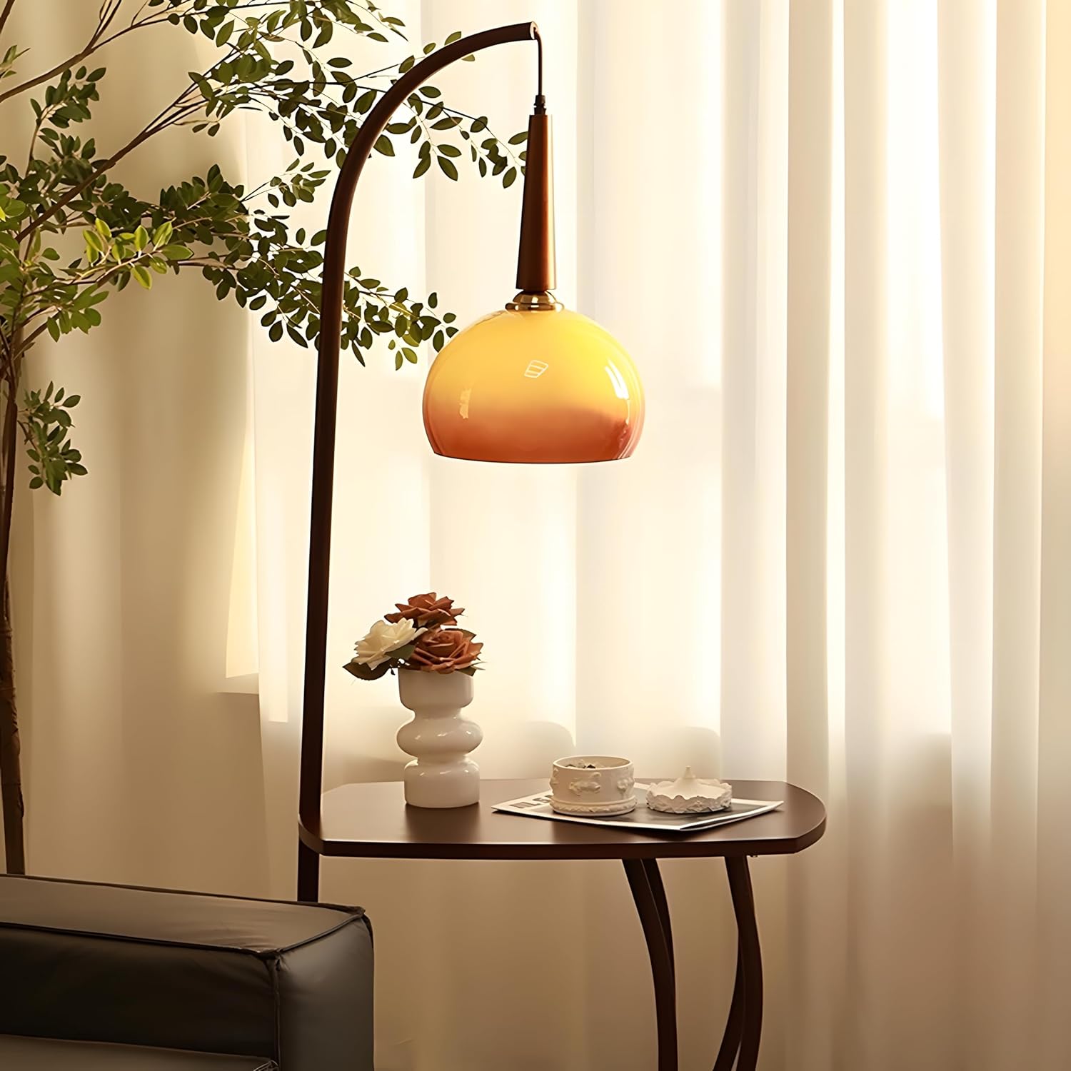 Bofea-Retro Floor Lamp for Living Room,Mid Century Tall Lamps with Tea Table,Fishing Standing Lamp with Mushroom Glass Lampshade,Table Tall Pole Talling Light for Bedroom,Office,Apartment.(A Model)