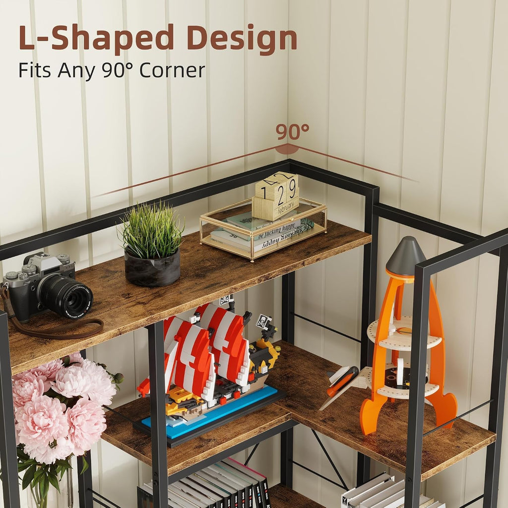 AFLUI Corner Bookshelf with LED Lights & 6 Fabric Drawers, 5-Tier Industrial L-Shaped Bookcase with Acrylic Display Shelf for Living Room, Office