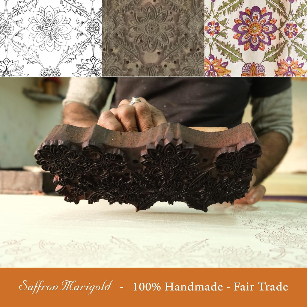 Saffron Marigold Round Hand Block Printed Tablecloth - Orange Blossom Luxurious 100% Cotton, Washable, for Home Decor, Kitchen, Coffee Or Dining Table 90 Inch