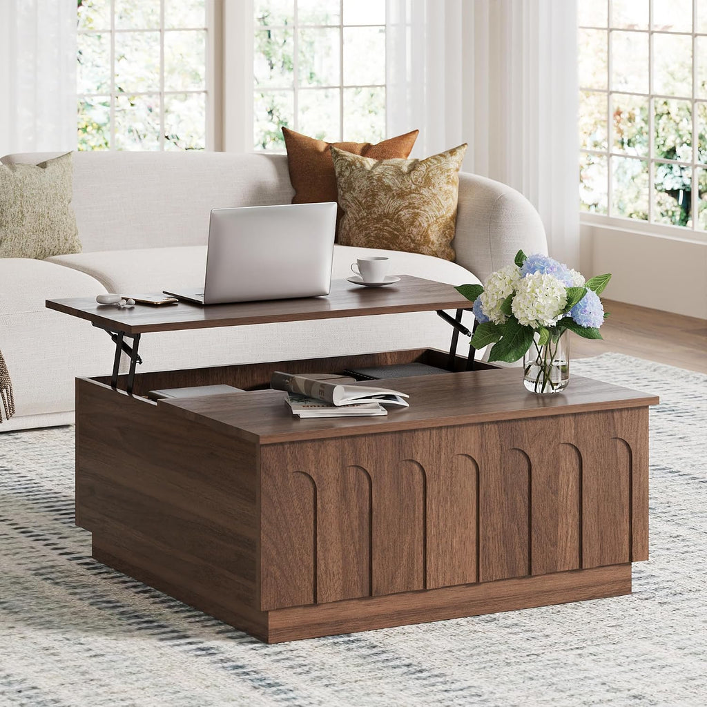FORTUNETEC Lift Top Coffee Table with Storage, Modern Coffee Table with Arched Design, 31.5' Square Tea Table with Wood Grain, Minimalist Multifunctional Center Table for Living Room, Office, Walnut