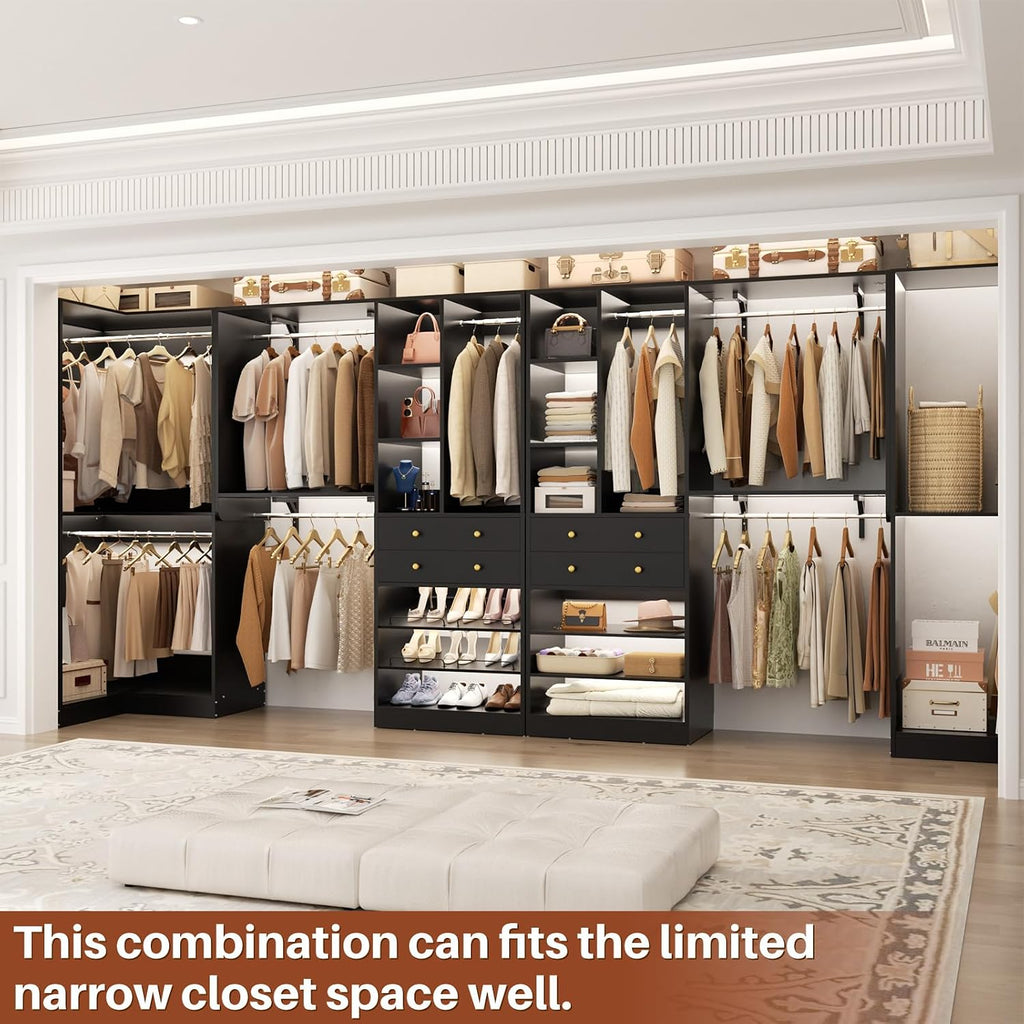 Besiost Closet System with 4 Drawers & Corner Tower, Closet Organizer System with 10 Hanging Robs, Reversible U Shaped Walk-in Closet System, Load 3600+LBS Capacity, Set of 4, Black