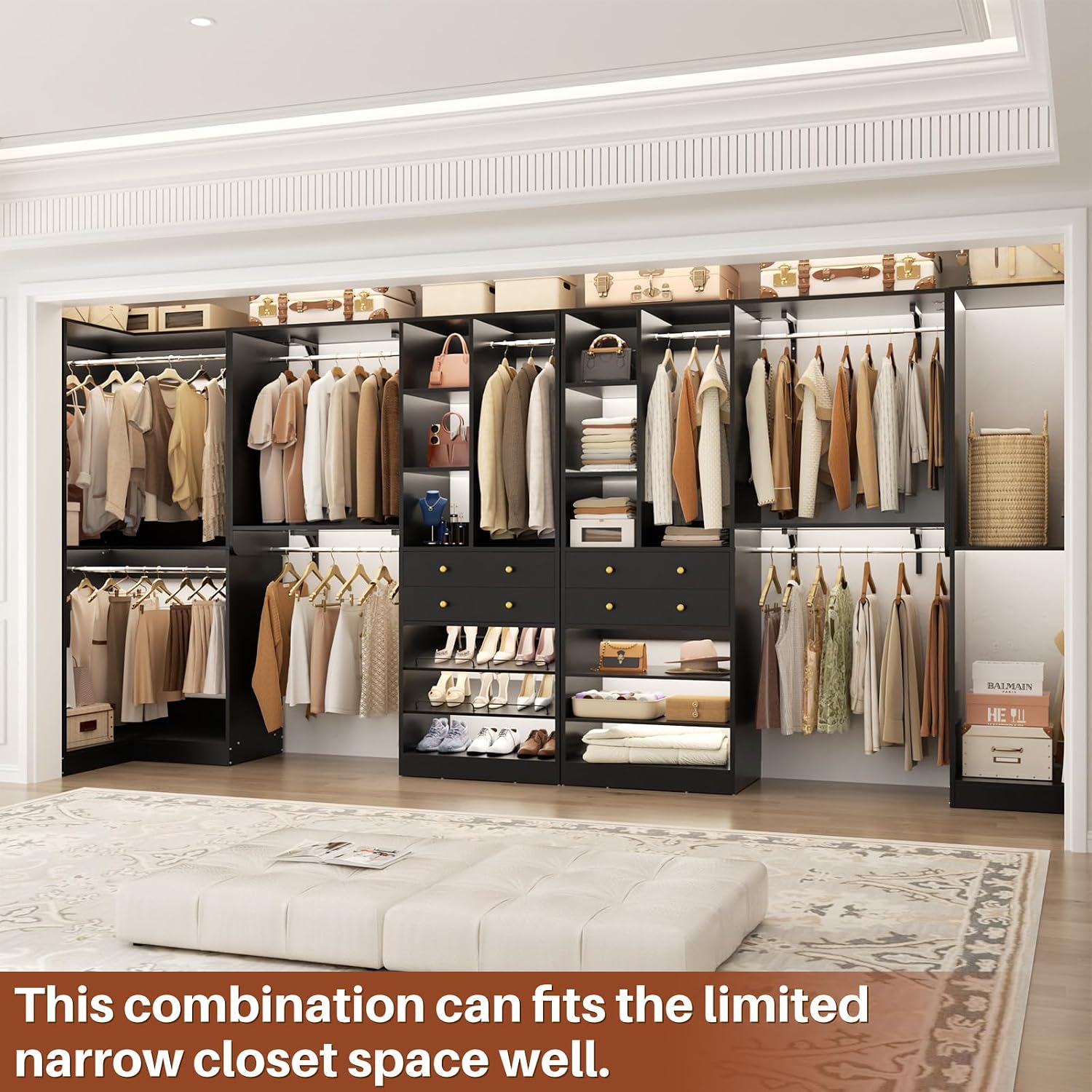Besiost Closet System with 4 Drawers & Corner Tower, Closet Organizer System with 10 Hanging Robs, Reversible U Shaped Walk-in Closet System, Load 3600+LBS Capacity, Set of 4, Black