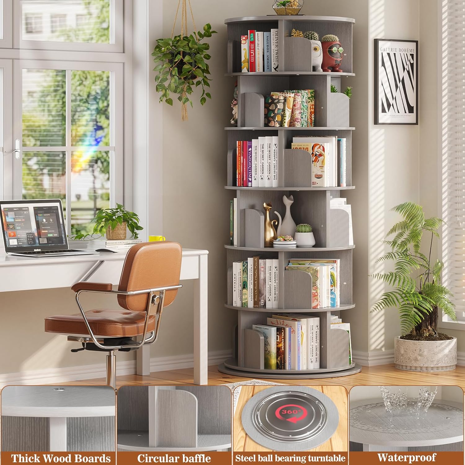 Aheaplus 6 Tier Rotating Bookshelf, Wood Spinning Bookshelf Tower, Round Revolving 360 Bookcase, Narrow Turning Book Shelf Rolling Corner Organizer for Small Space, Bedroom, Office, Grey