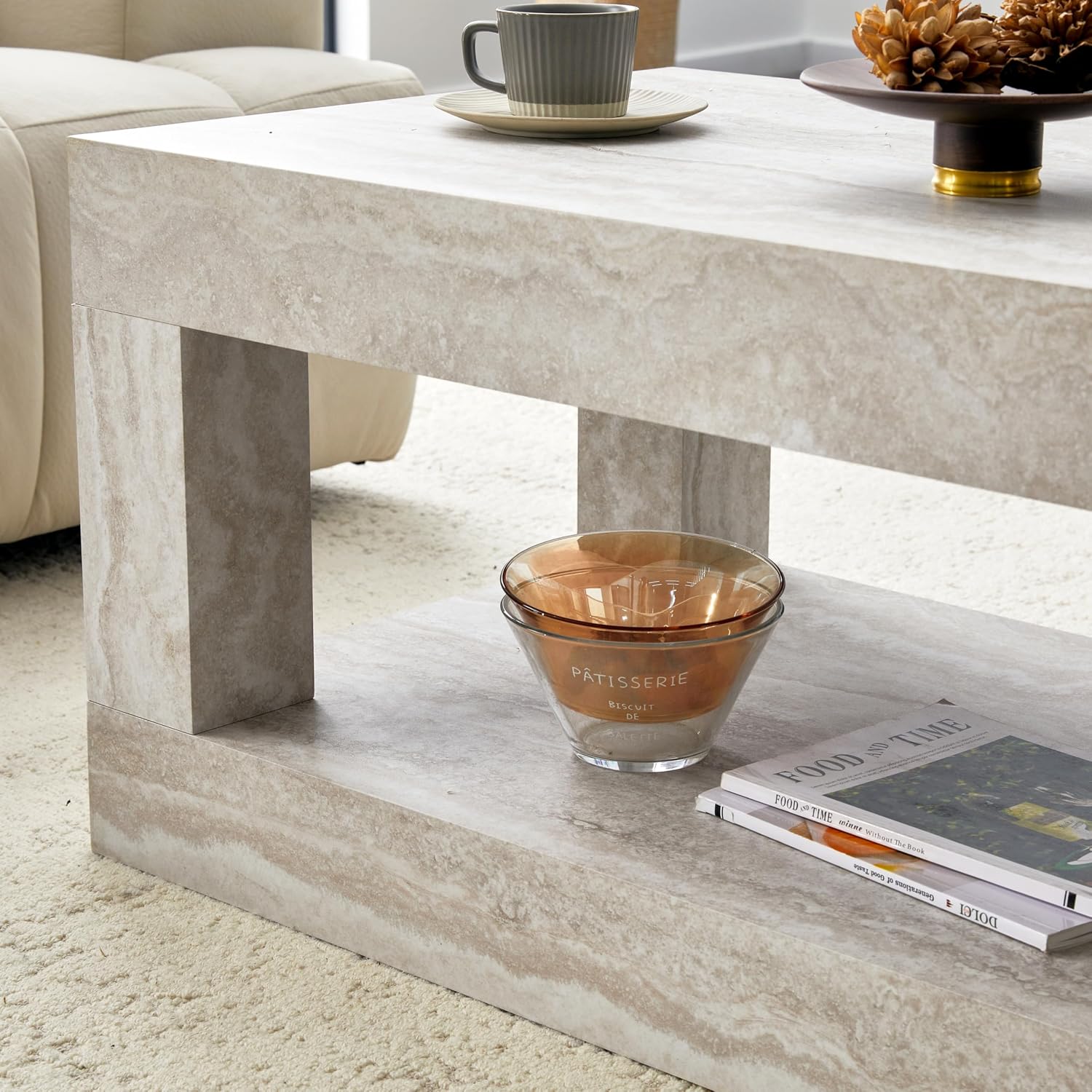 LKTART 39.37' Faux Travertine Stone Coffee Table with Storage, 2-Tier Mid Century Rectangular Accent Table with Thick Tabletop, Rustic Style Cocktail, Center Table for Living Room, Office(Beige)