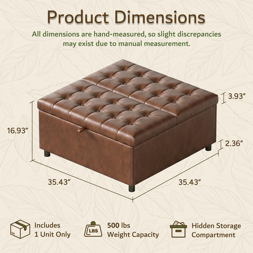 LINLUX 35.5 Inch Large Leather Storage Ottoman, Square Ottoman Coffee Table, Lift Top Tufted Ottomans Toy Box Footrest for Living Room, Brown