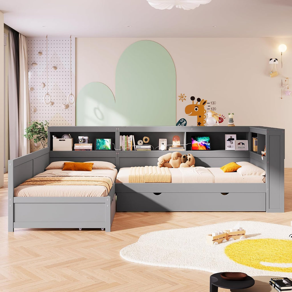 Merax Twin Size L-Shaped Platform Bed with Trundle, Corner Bed Frame with Charging Station, Storage Shelves, and Drawers, Wood Daybed for Bedroom, Guest Room,Grey
