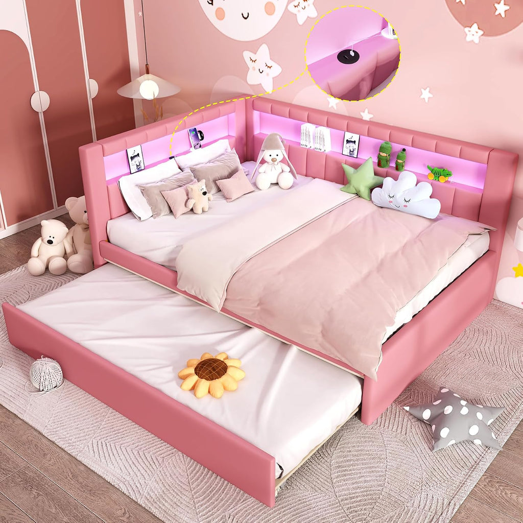 Full Size Upholstered Daybed with Trundle and LED, USB-Ports, L-Shaped Corner Unit Sofa Day Bed Frame with Storage Bookshelf, Girls, Kids, Adults, Boys, Pink