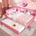 Full Size Upholstered Daybed with Trundle and LED, USB-Ports, L-Shaped Corner Unit Sofa Day Bed Frame with Storage Bookshelf, Girls, Kids, Adults, Boys, Pink