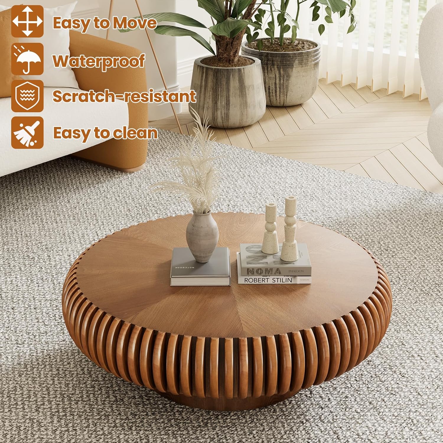 Round Drum Coffee Table with Sturdy Pedestal, Modern Wooden Fluted Coffee Table, Circle Center Table Accent Tea Table for Living Room Apartment Office Reception Room (Brown D31.5)