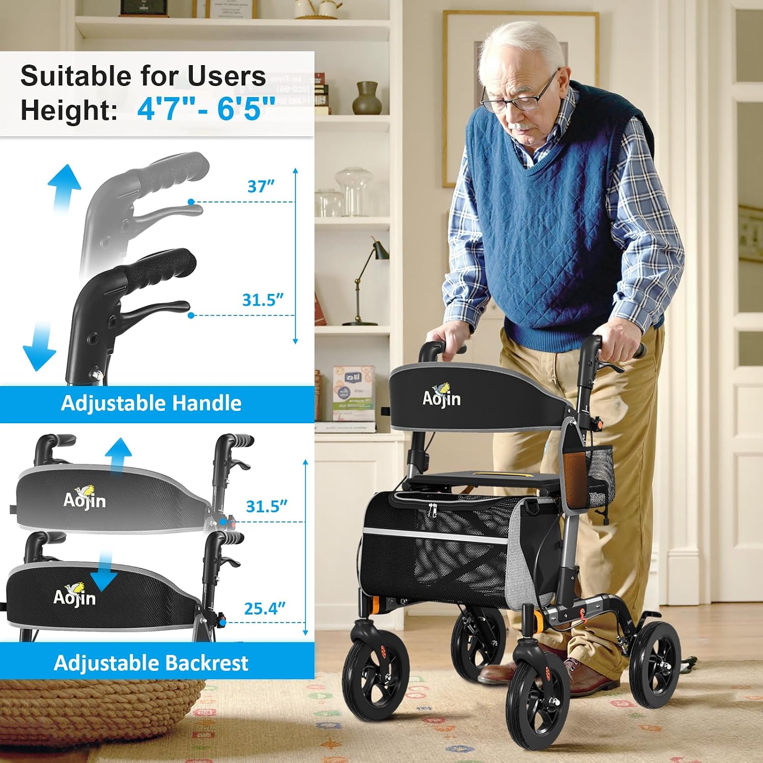 Walkers for Seniors, Rollator Walker with Seat, 350 lb Weight Capacity, 18' Big Seat, 8' All-Terrain Wheels, 6-Level Adjustable Height, Lightweight Aluminum Frame Rollator Walkers for Seniors (Gray)