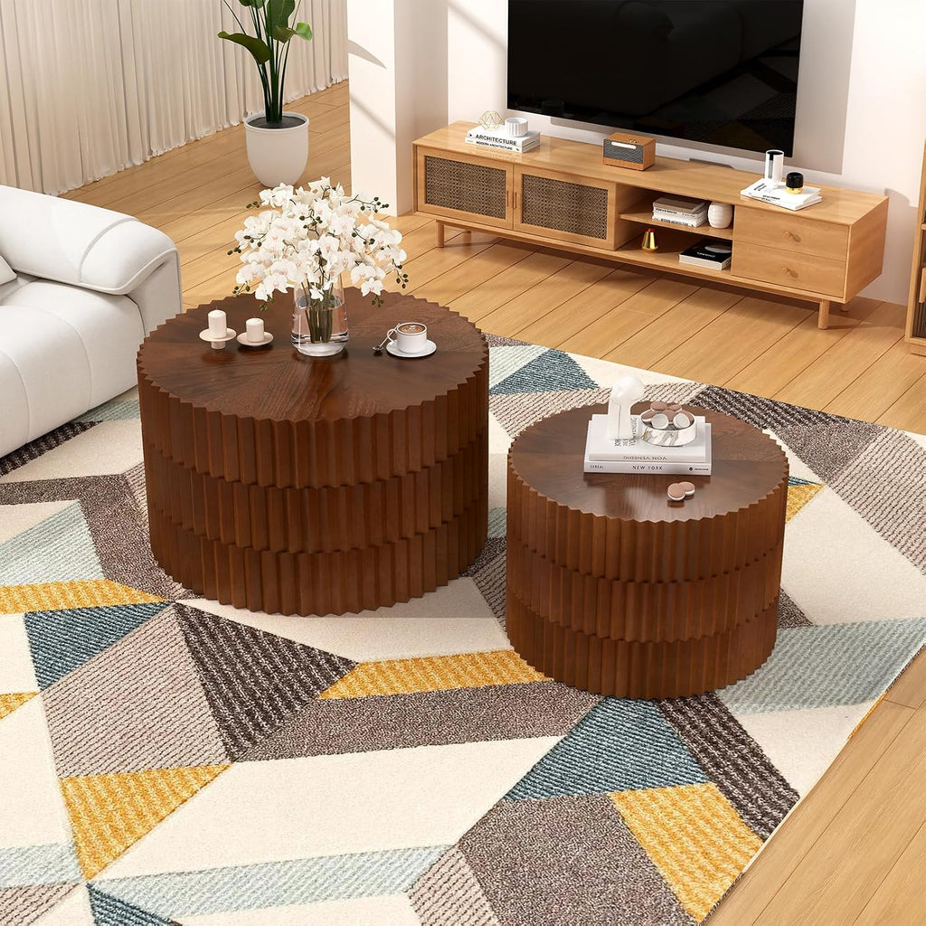 Round Wood Coffee Table Set of 2 Modern Circle Nesting Coffee Table Handcrafted Drum Nesting Table Nesting Coffee Tables for Living Room for Small Space (Walnut (D26.77+D19.68 inch))
