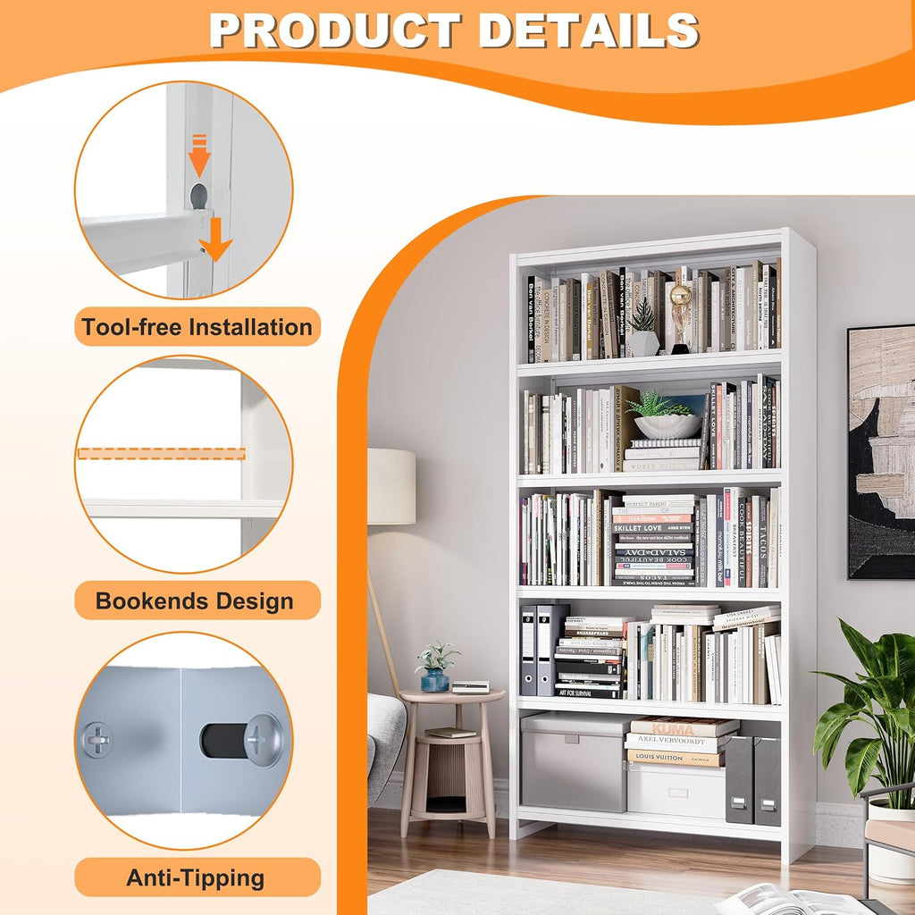 VASAAOSD 5 Tier Book Shelf, 69.3' Tall White Bookshelves, Open Metal Bookshelf, Toolless Assembly White Shelves for Home Office, Living Room, Study