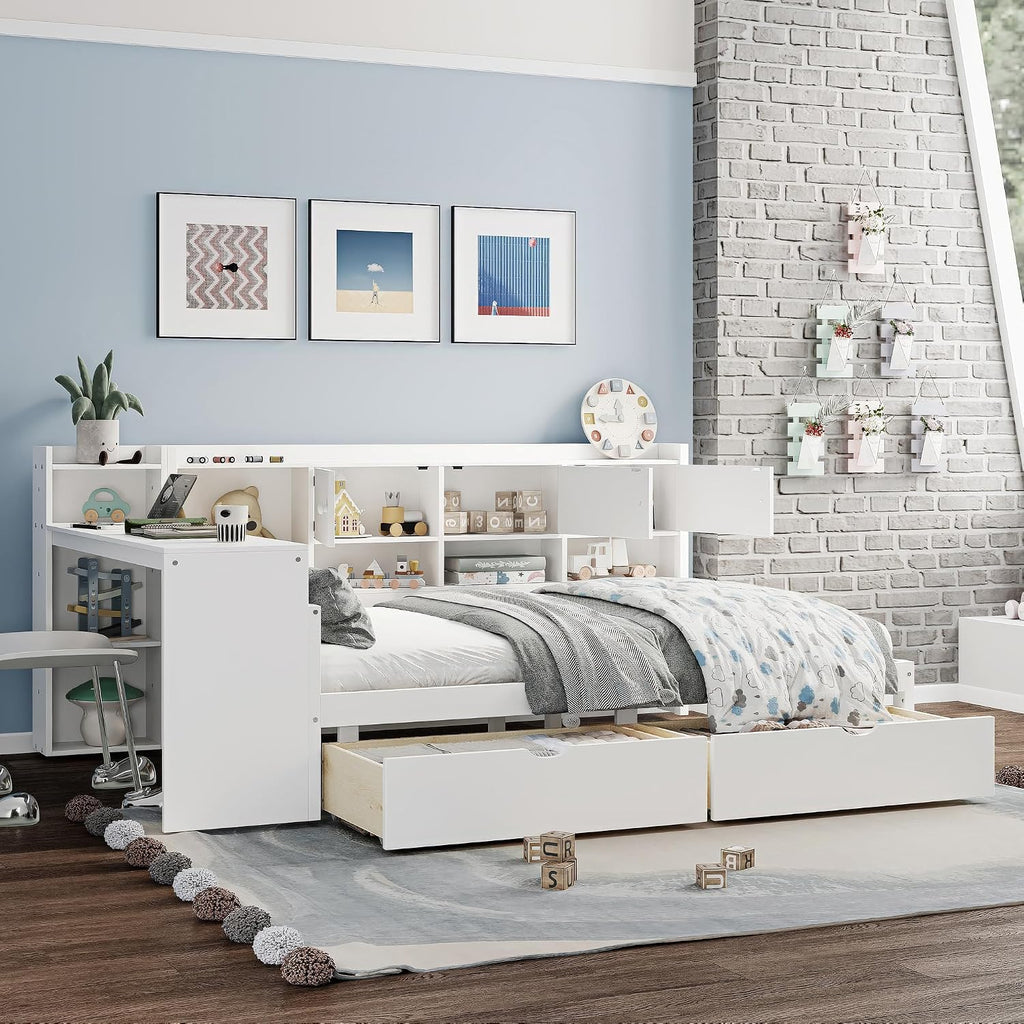 Mirightone Full Bed Frames with Storage, L-Shaped Corner Beds with Desk, Wood Daybed with Bookcase, Platform Beds with Drawers and Shelves for Living Room, Bedroom, Teens Room, White