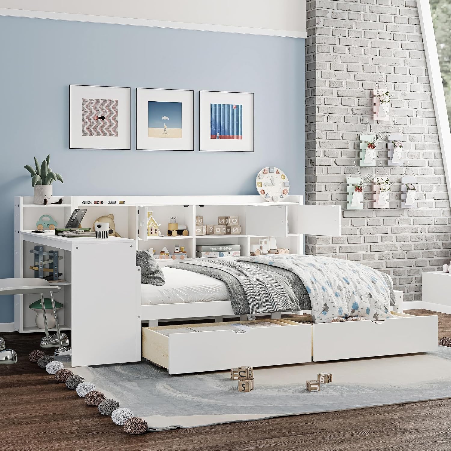 Mirightone Full Bed Frames with Storage, L-Shaped Corner Beds with Desk, Wood Daybed with Bookcase, Platform Beds with Drawers and Shelves for Living Room, Bedroom, Teens Room, White