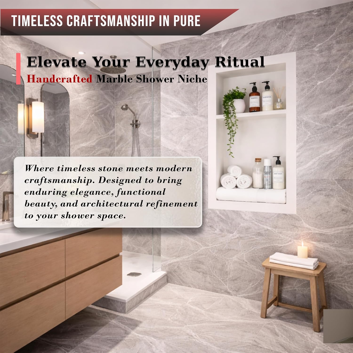 16' X 24' White Marble Shower Niche for Bathroom Shelf | Recessed Wall Insert | Rectangular 2 Shelves Storage Bathroom Organizer | No Tiles Needed (Pure White)