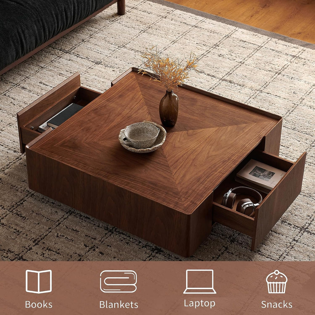 SSLine 35.4-Inch Square Coffee Table with Storage Drawers,Fully Assembled Wooden Coffee Table with Solid Wood Veneered Mid-Century Modern Cocktail Center Tables for Living Room Office,Walnut