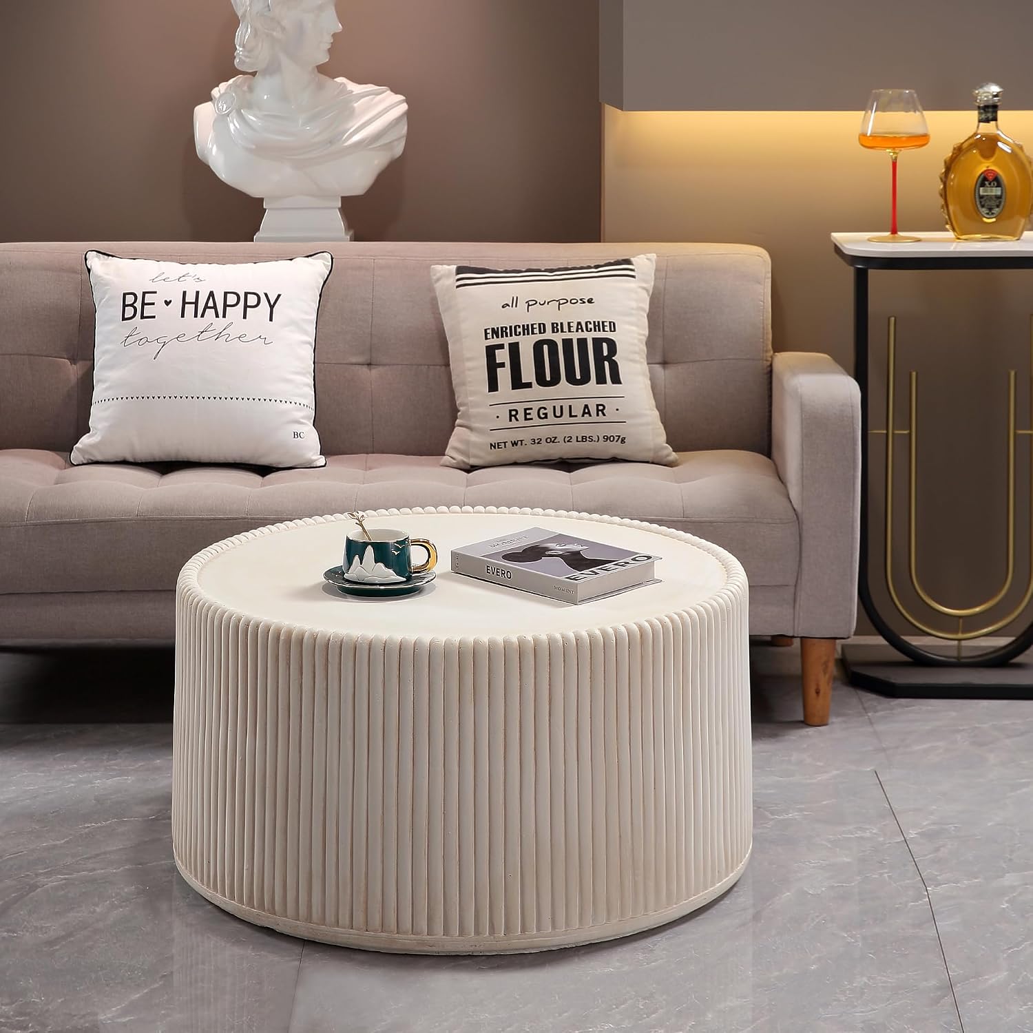 Round MGO Coffee Table Set, 29.53' Off-White Magnesium Oxide Fluted Drum Center Table and 16.54' Coffee Table Set, 2 Pieces Living Room Table Set for Indoors and Outdoors, No Assemble
