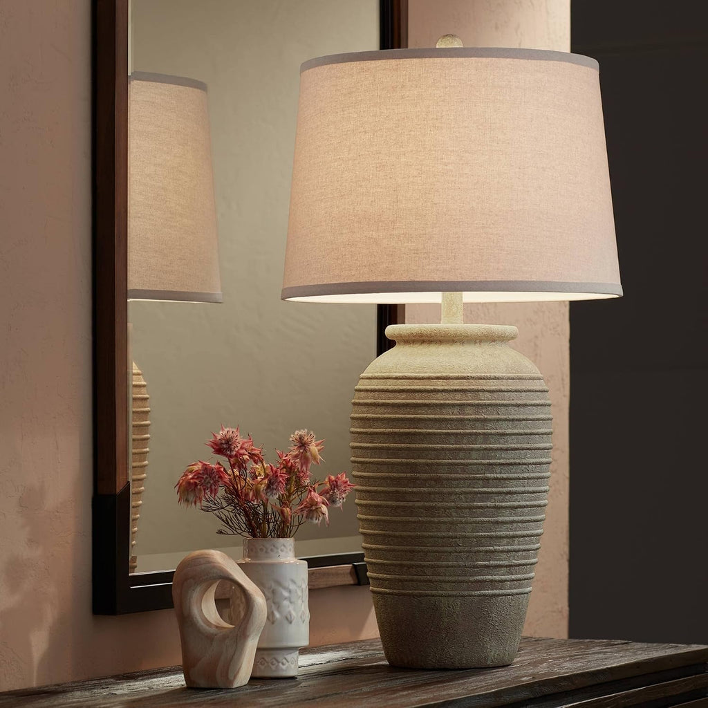 John Timberland Austin Country Cottage Southwest Style Jug-Shaped Table Lamp 28' Tall Sand Tone Desert Ridged Cream Linen Drum Shade for Living Room Bedroom House Bedside Nightstand Home Office