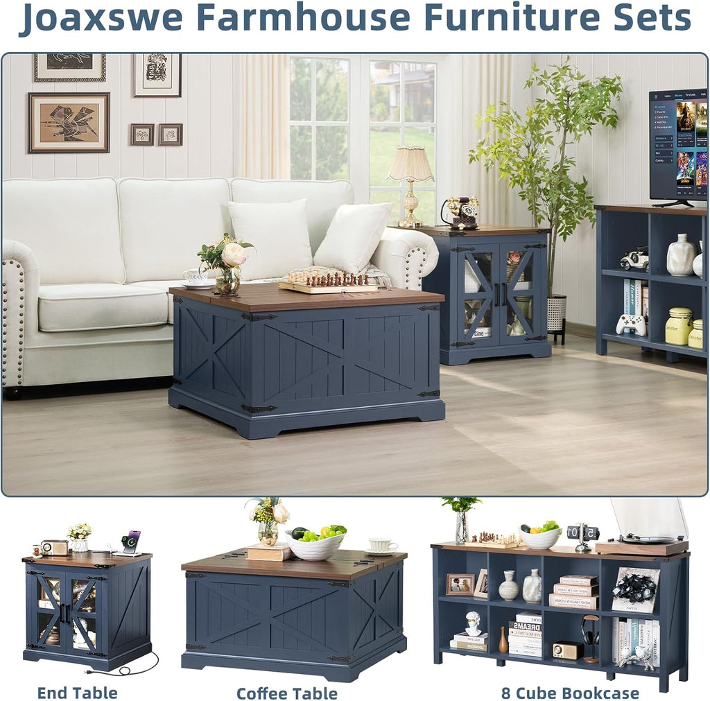 Joaxswe Farmhouse Coffee Table with Large Hidden Storage Compartment, Navy Blue Square Center Table, Wood Rustic Low Modern Living Room Tables with Hinged Lift Brown Top & Wooden Arc Base