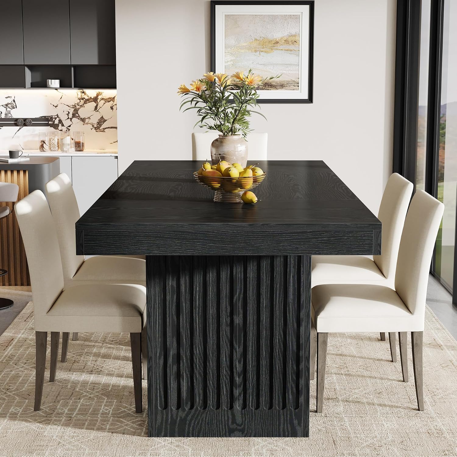 Tribesigns Dining Table for 4-6 People, 63 Inch Modern Rectangle Kitchen Table with Pedestal Base, Large Dinner Furniture for Dining Room, Kitchen, Living Room, Black