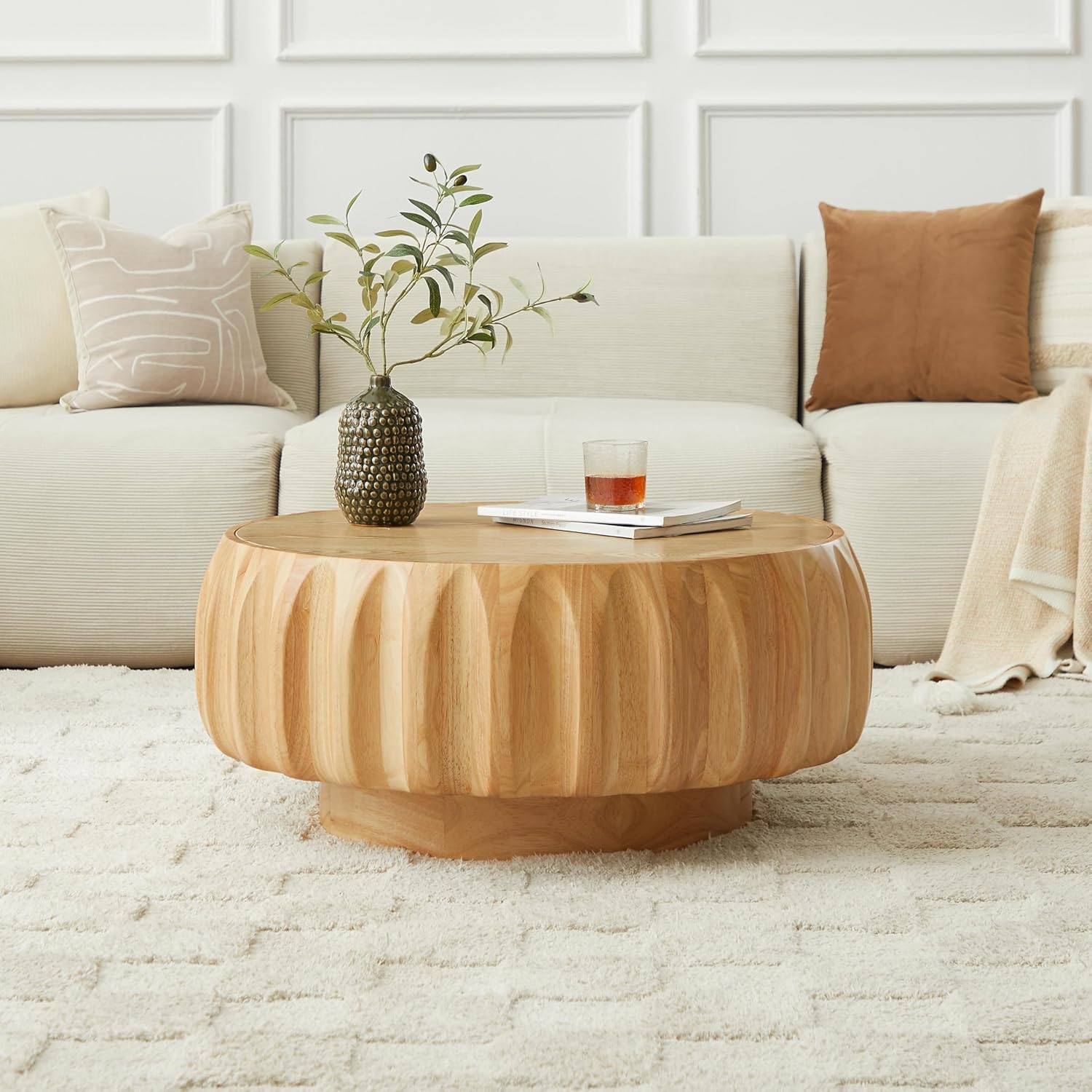 31.5'' Walnut Round Wood Coffee Table for Living Room, Modern Contemporary Circle Fluted Drum Pedestal Coffee Table, Natural Wood Grain & Easy Assembly, Natural