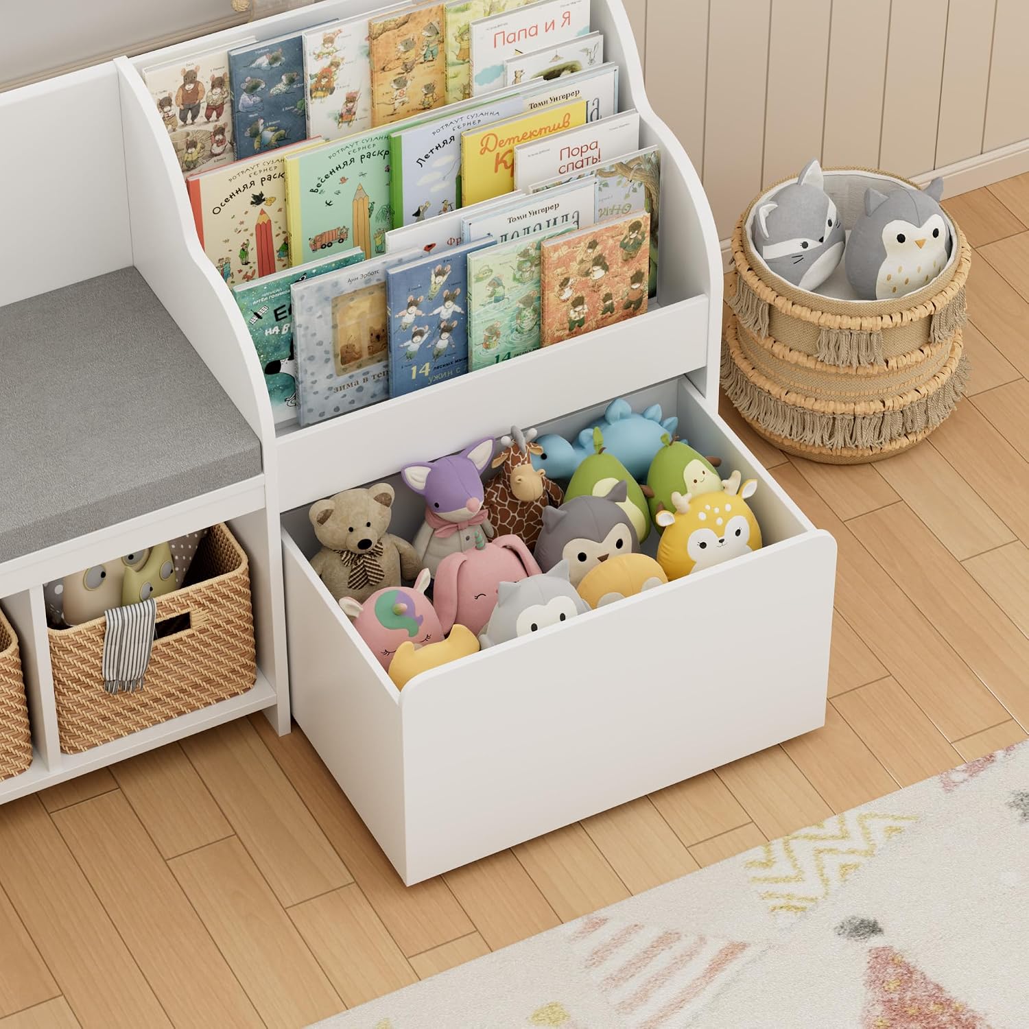 HOSTACK 67' W Kids Reading Nook with Toy Storage Organizer, Large Kids Bookshelf with Toy Storage Box on Wheels, Big Kid Bookcase with Bench and 6 Open Cubbies for Playroom, Kid Room, White