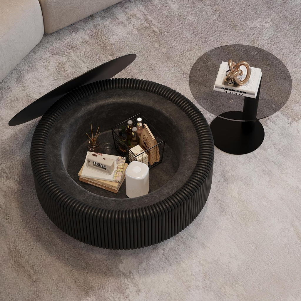 Black Round Fluted Coffee Table with Hidden Storage, 31.5' Drum Coffee Table with Tempered Glass Top, PU Leather Body, Baked Enamel Metal Base, Modern Minimalist Circle Tea Table