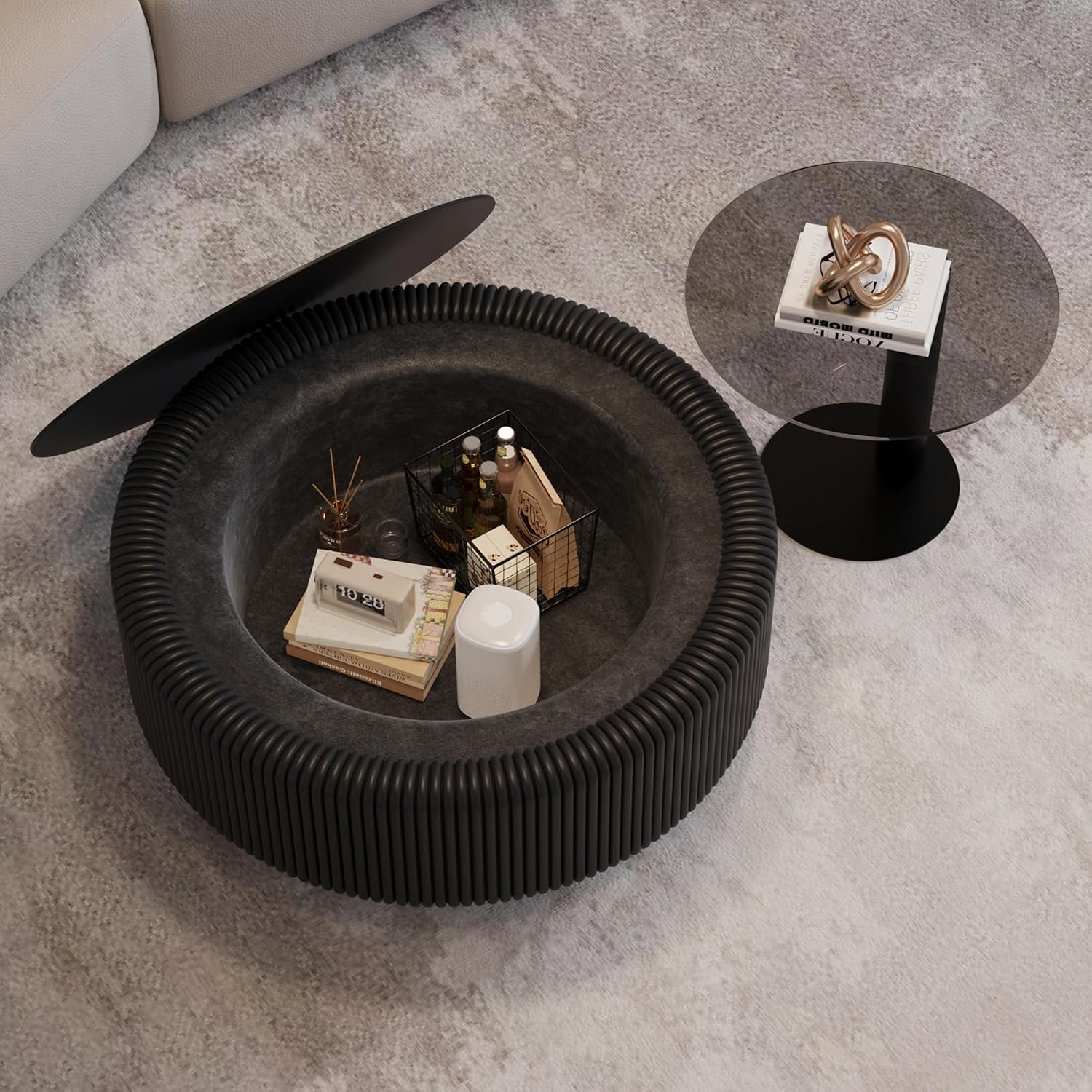 Black Round Fluted Coffee Table with Hidden Storage, 31.5' Drum Coffee Table with Tempered Glass Top, PU Leather Body, Baked Enamel Metal Base, Modern Minimalist Circle Tea Table