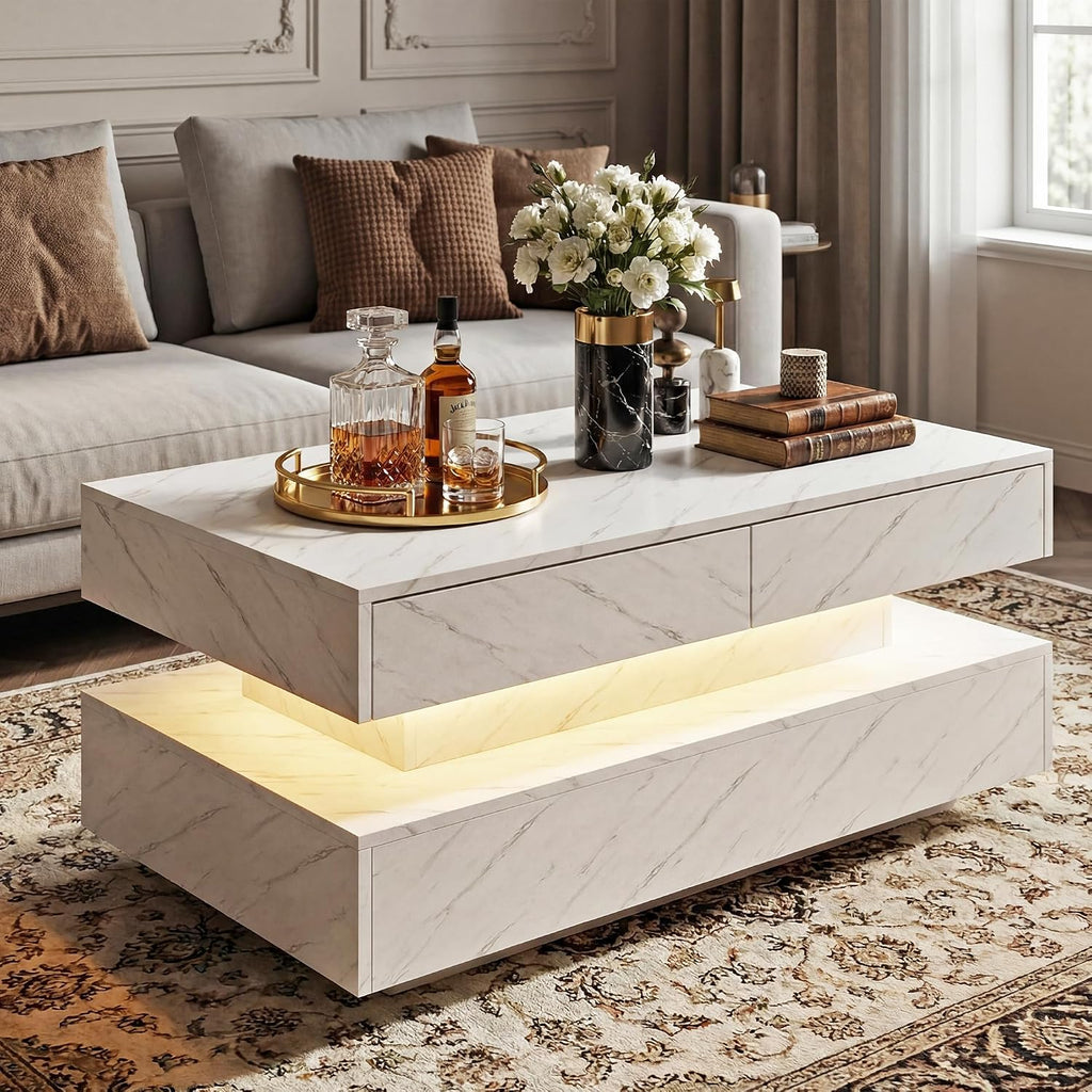 Coffee Table for Living Room, Modern Coffee Table with 2 Storage Drawers, 2 Tier Center Table Wood Coffee Tables with 20 Colors LED Lights, Mesa de Centro para Sala (White)