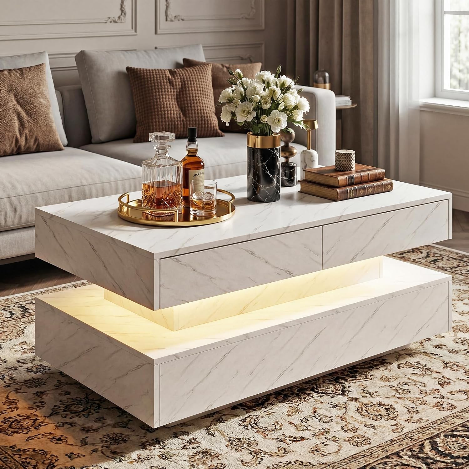 Coffee Table for Living Room, Modern Coffee Table with 2 Storage Drawers, 2 Tier Center Table Wood Coffee Tables with 20 Colors LED Lights, Mesa de Centro para Sala (White)