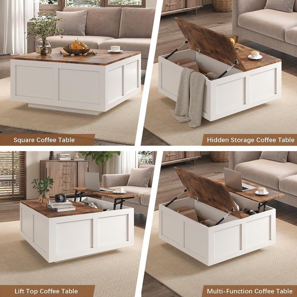 HedoAjim Lift Top Coffee Table with Storage, 31.5' Square White Coffee Table with Large Hidden Storage, Wood Living Room Table Center Table for Living Room Dining Reception Room