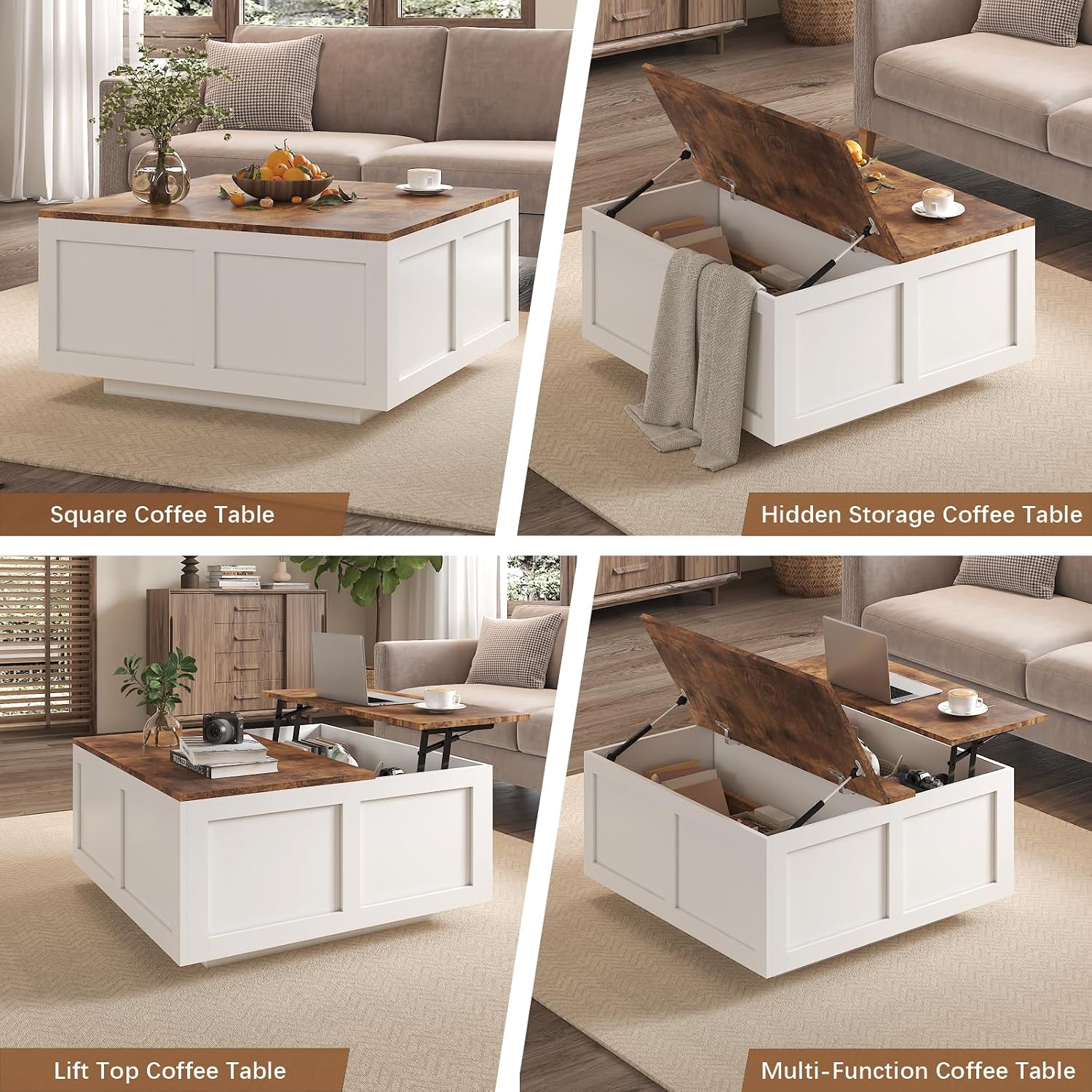 HedoAjim Lift Top Coffee Table with Storage, 31.5' Square White Coffee Table with Large Hidden Storage, Wood Living Room Table Center Table for Living Room Dining Reception Room