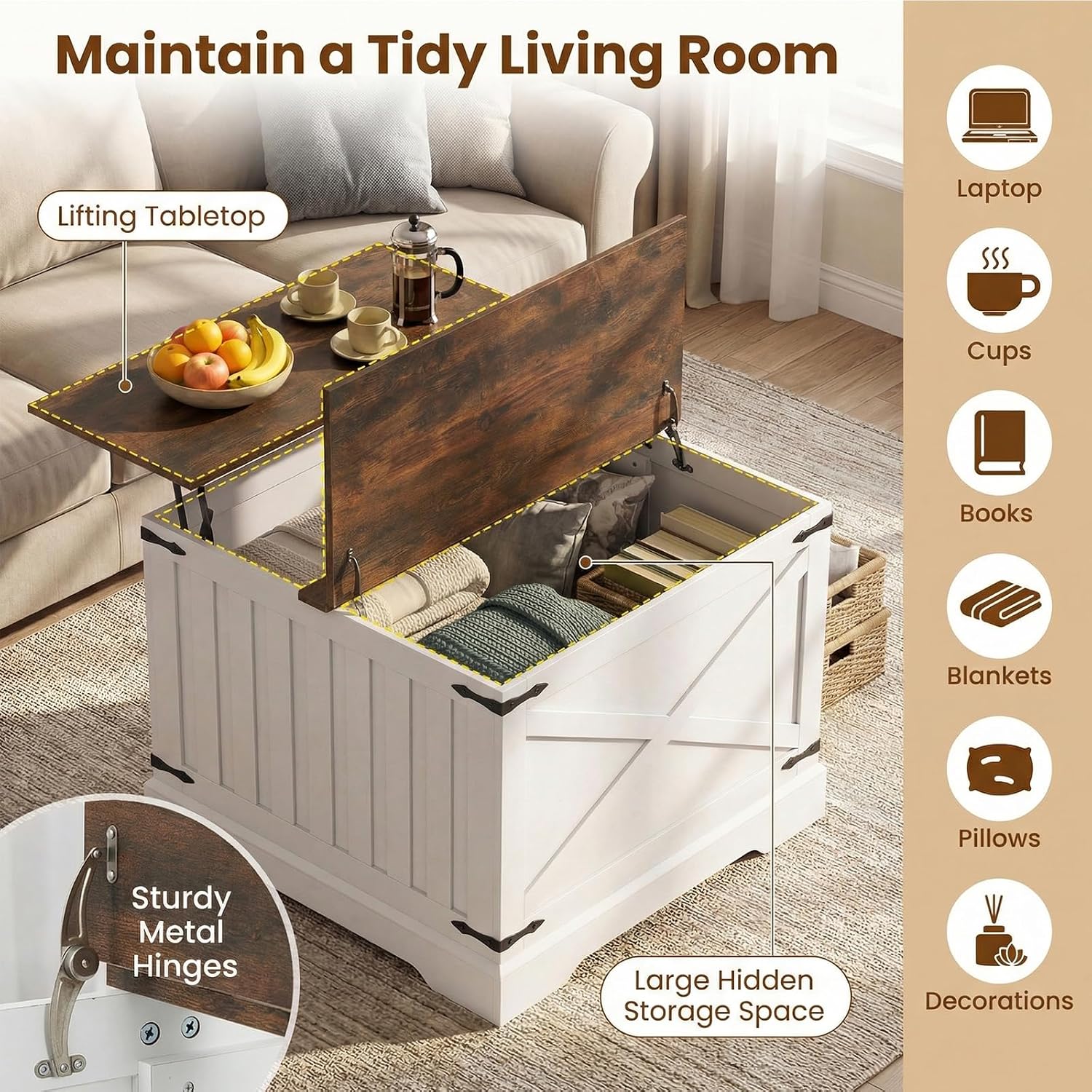 Giantex Farmhouse Lift Top Coffee Table, 31.5' Square Wood Center Table with Large Hidden Storage Compartment & Hinged Lift Top, Accent Cocktail Tea Table, Rustic Living Room Tables (Rustic Brown)