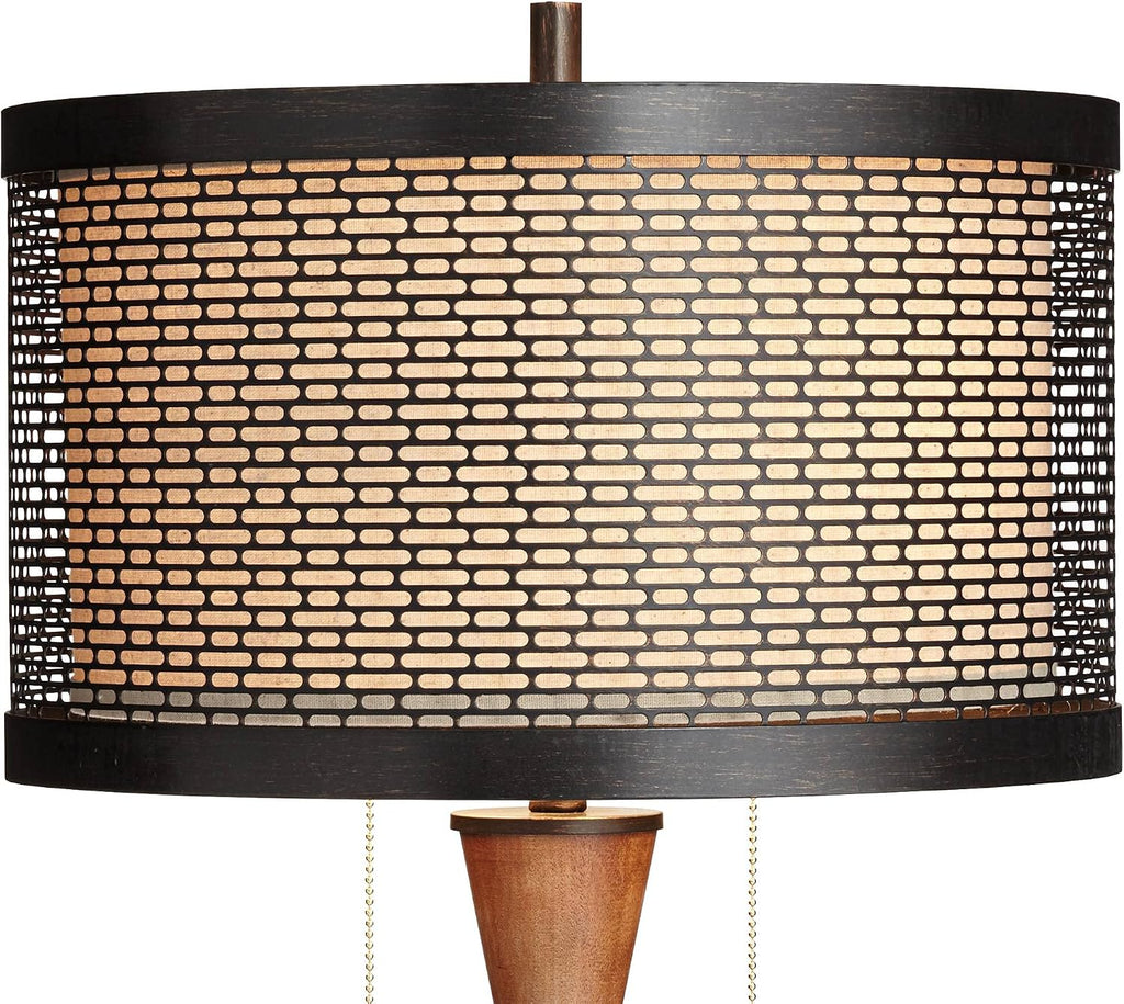 Franklin Iron Works Hunter Rustic Farmhouse Table Lamp 29 3/4' Tall Cherry Wood Bronze Metal Outer Tan Fabric Inner Drum Shade for Bedroom Living Room House Home Bedside Nightstand Office Family