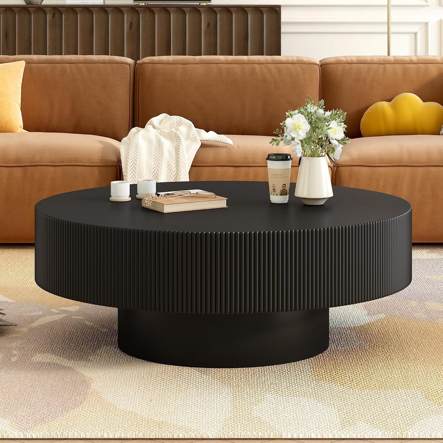 SOFTSEA Round Coffee Table for Living Room, Modern Drum Center Table, Fluted Side Table with Sturdy Base for Bedroom, Office, Apartment, 31.5'L x 31.5W x 13.7'H, Black