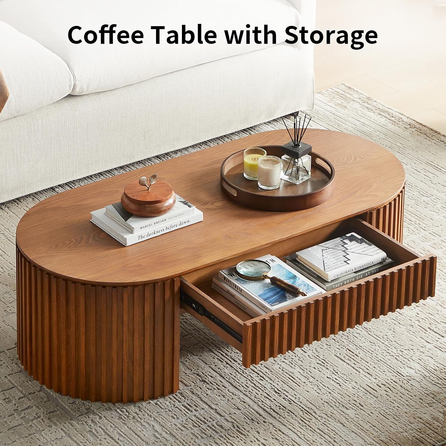 LKTART Oval Coffee Table with Drawer, 51.18' Solid Wood Veneer Coffee Tables for Living Room, Mid Century Modern Wooden Center Table, Already Installed,Brown