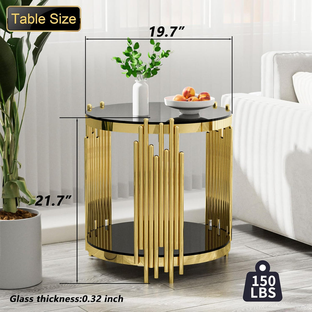 Luxury Gold Round Glass End Table Set of 2, 19.7' Modern Side Table with Stainless Steel Irregular Leg Black Tempered Glass Tabletop, Accent Furniture for Living Room, Black