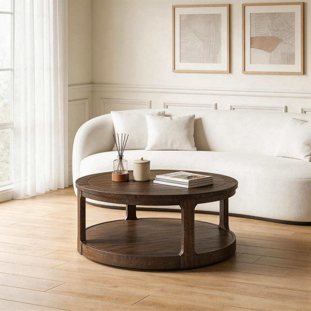 WILLIAMSPACE 40' Round Coffee Table with Wheels, Circle 2 Tier Solid Wood Center Coffee Table, Mid Century Retro Farmhouse Rounded End Table for Living Room Apartment, ø40 x 17.52' H (Dark Brown)