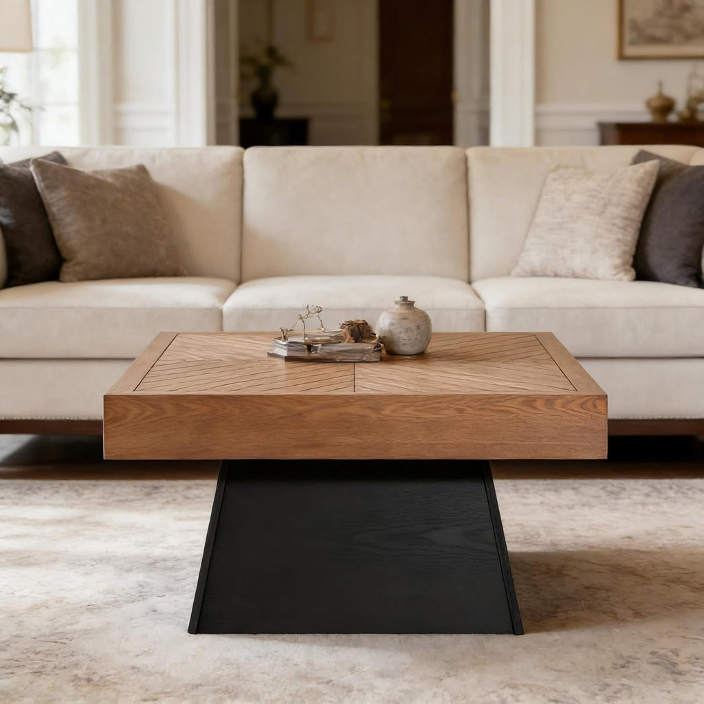 Merax Modern Square Coffee Table for Living Room,31.5 Inch Brown Wood Grain Top & Black Base, Mid-Century Farmhouse Style Center Accent Table,Brown