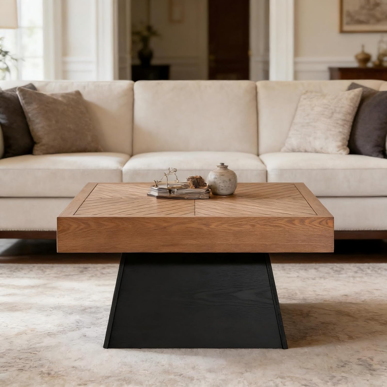 Merax Modern Square Coffee Table for Living Room,31.5 Inch Brown Wood Grain Top & Black Base, Mid-Century Farmhouse Style Center Accent Table,Brown