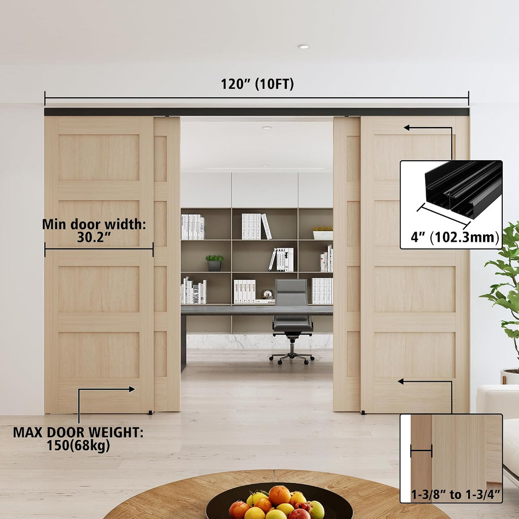 Heavy Duty Bypass Sliding Closet Door Track Hardware 120', 10 FT Aluminium Track Rail Set, Smoothly and Quietly, for 4 Door System,Black