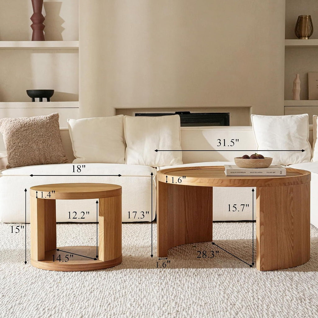 Round Nesting Coffee Table Set of 2, Brown Coffee Table, 31.5' Large & 18' Small Low Tables with Wood Top, Center Table for Living Room, Bedroom, Minimalist Center Table Set