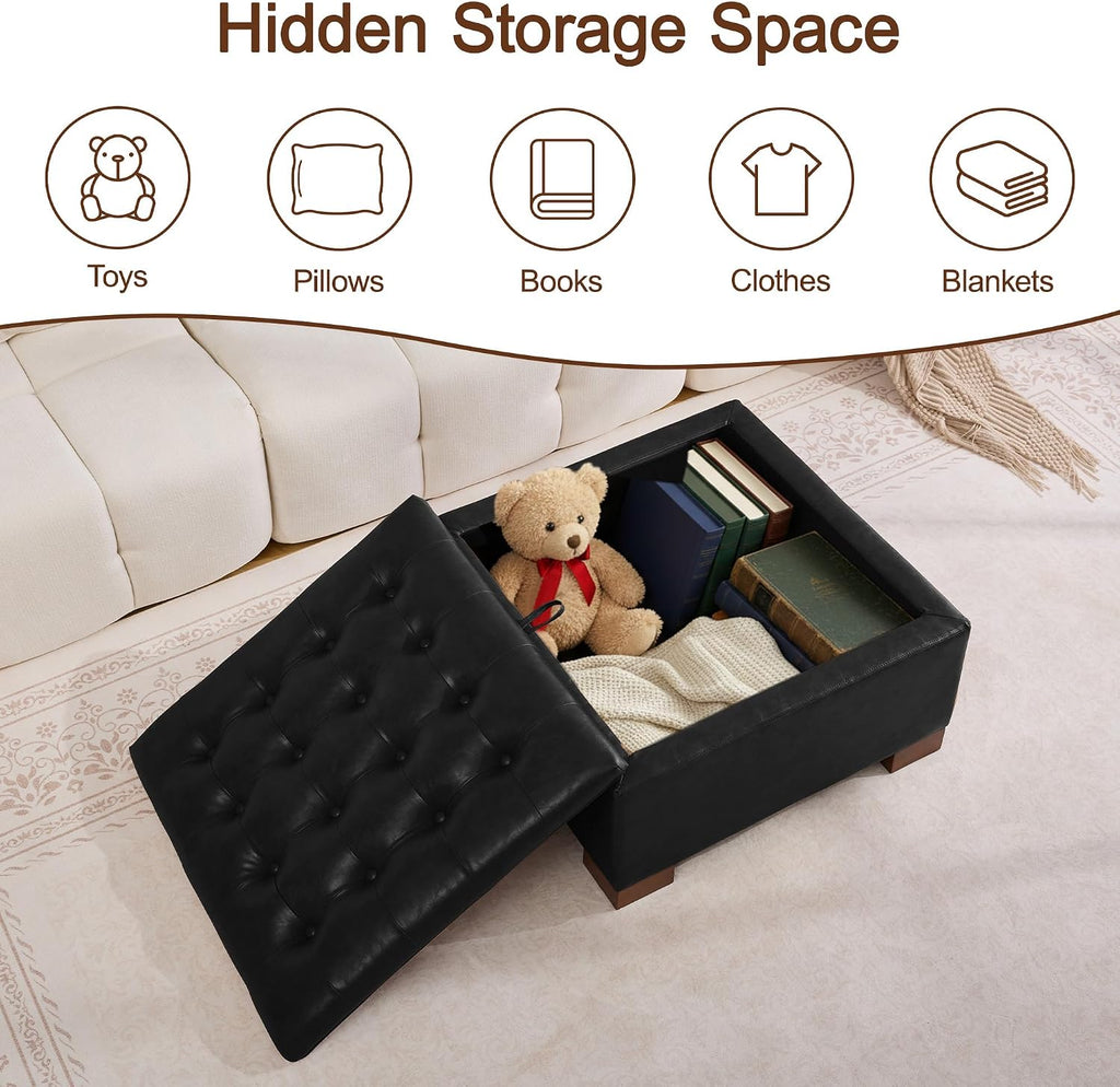 WUTUTUEE 30' Faux Leather Square Storage Ottoman with Wooden Tray, Modern Tufted Button Footstool Coffee Table, Upholstered Large Ottoman for Living Room, Bedroom, Black