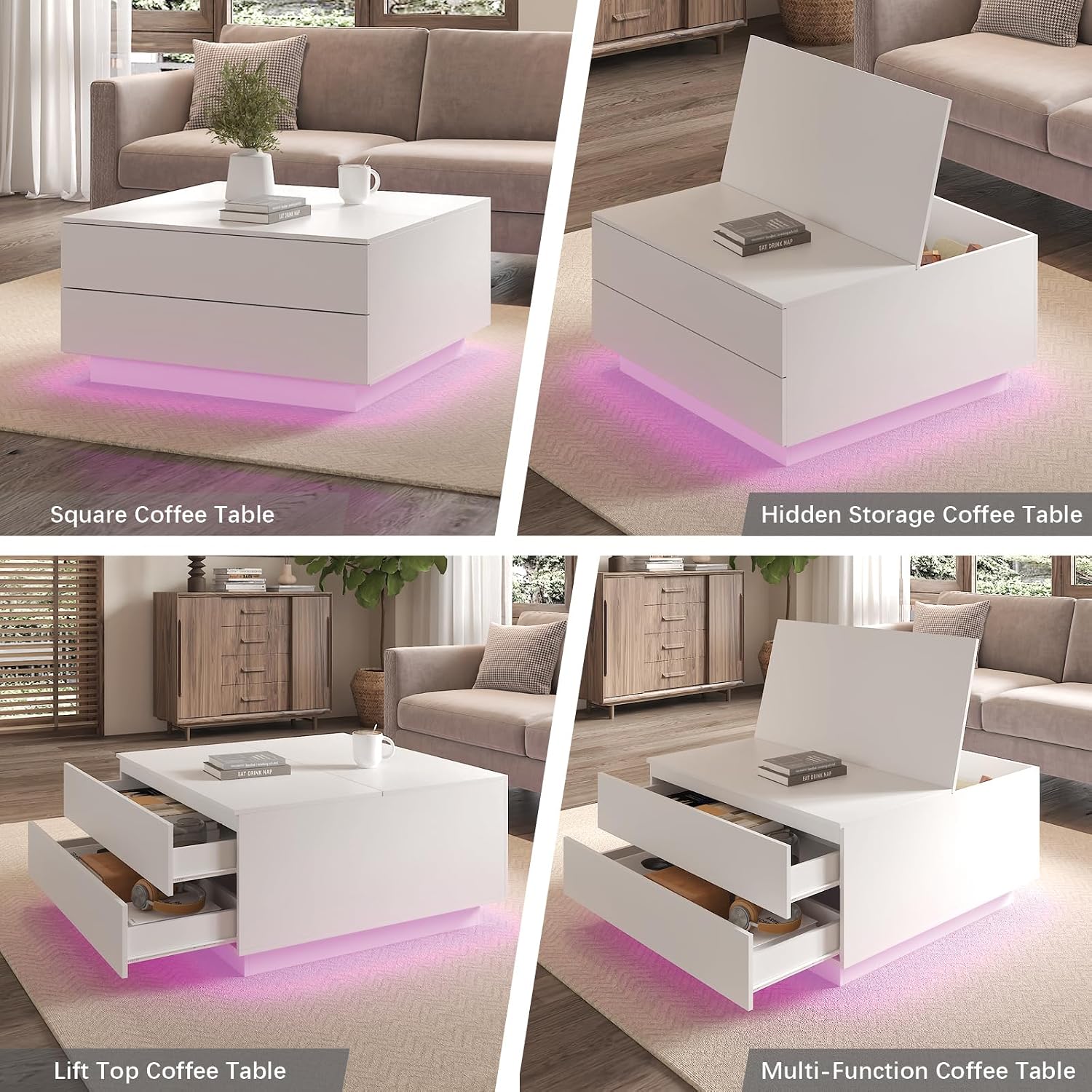 HedoAjim Square Coffee Tables with Storages, Modern White Coffee Table for Living Room, Flip Cover Coffee Tables and 2 Spacious Drawers, Coffee Table with LED Light