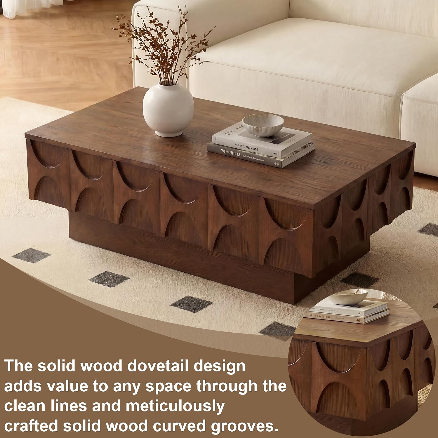 LKTART Coffee Table with Slide-Top Storage, Mid Century Modern Coffee Table with Solid Wood Veneer & Large Hidden Compartment, Wood Center Table for Living Room, Home Office, Walnut