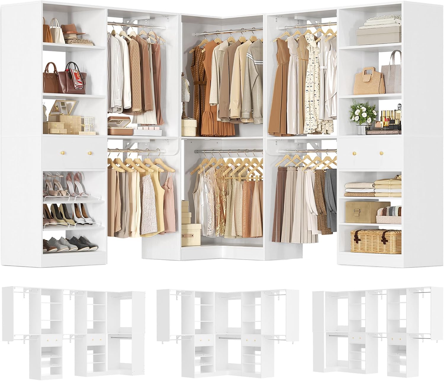 Armocity Closet System Set of 3 - Corner Closet Organizer System with 2 Drawers/16 Shelves/6 Hanging Rods, 151.1' L-Shaped Walk-In Wardrobe Organizer, 2800+ lbs Capacity, White