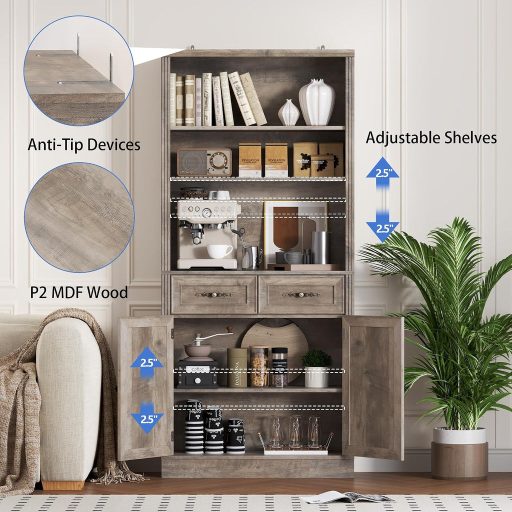 BORNOON 70.1' Tall Bookshelf with Drawers & Cabinet, 5-Tier Floor Standing Bookcase with Storage Doors, Adjustable Shelves & Metal Handles, 31.5' Wide Organizer for Home Office, Living Room