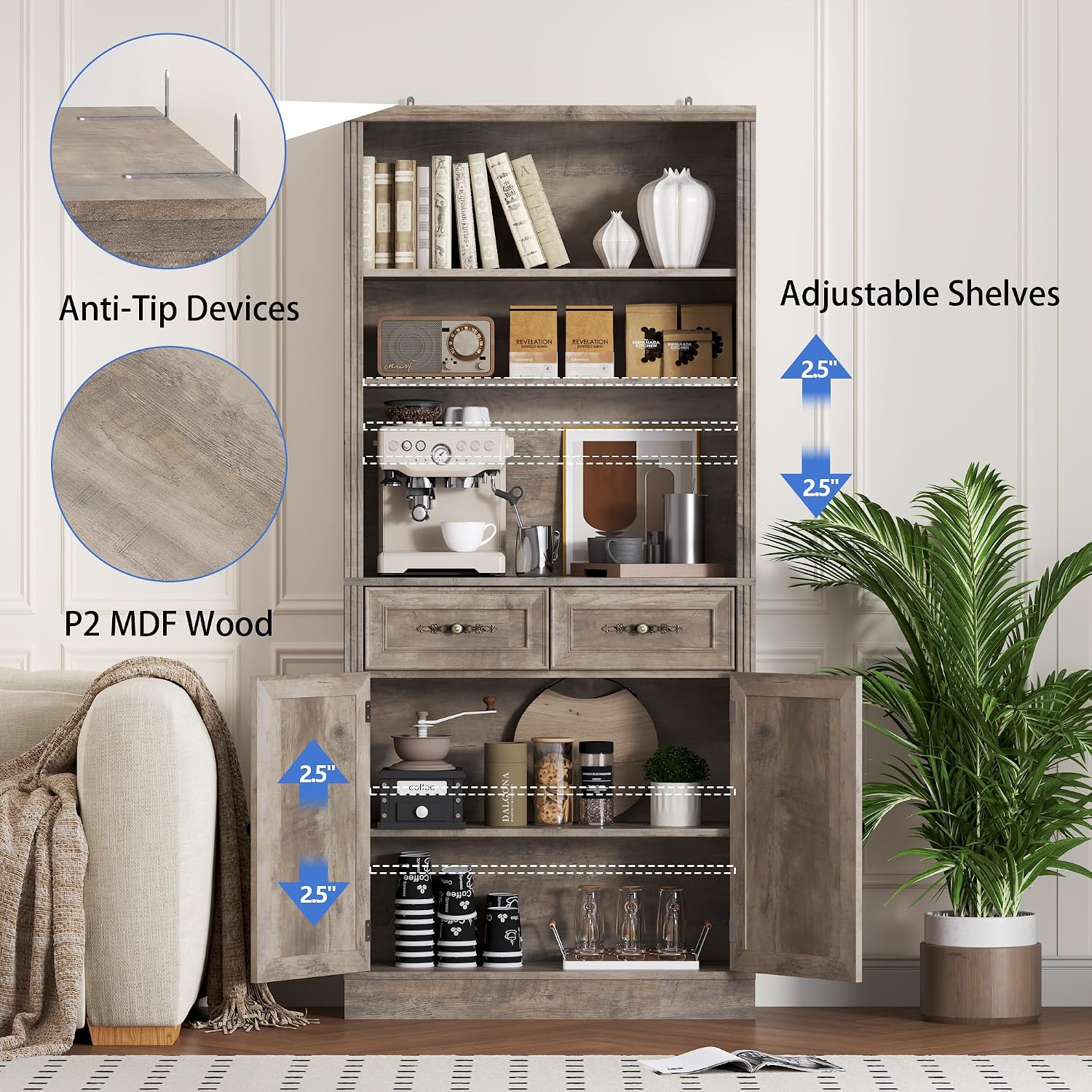 BORNOON 70.1' Tall Bookshelf with Drawers & Cabinet, 5-Tier Floor Standing Bookcase with Storage Doors, Adjustable Shelves & Metal Handles, 31.5' Wide Organizer for Home Office, Living Room